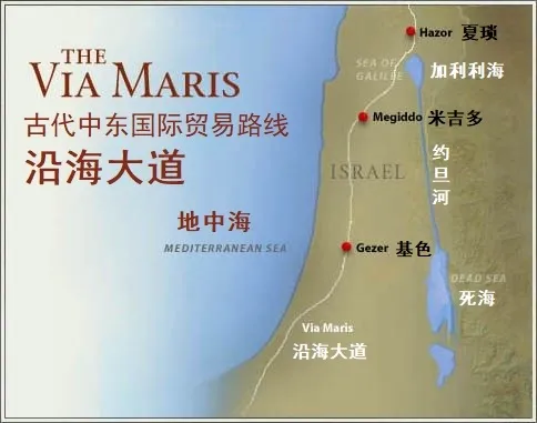 上图:所罗门王建了夏琐、米吉多、基色三个防卫城(王上九15),用于控制从美索不达米亚到埃及的国际贸易路线:沿海大道(Via Maris)。