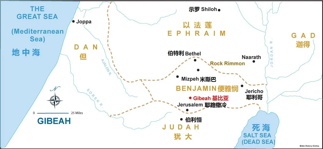 上图：利未人从伯利恒当天就可以回以法莲山地。但如果出发太晚，就需要在便雅悯的基比亚或耶路撒冷住宿。