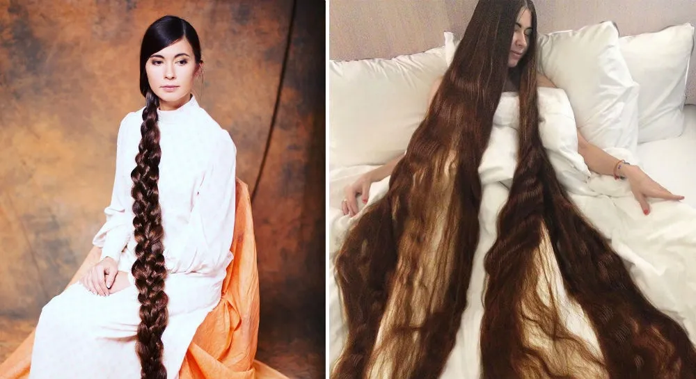 上图：拉脱维亚的Aliia Nasyrova坚持20年不剪头发，头发长达2.3米，重2000克。而押沙龙每年剪下来的头发就有2280克，比上图中的头发还要多出10%。