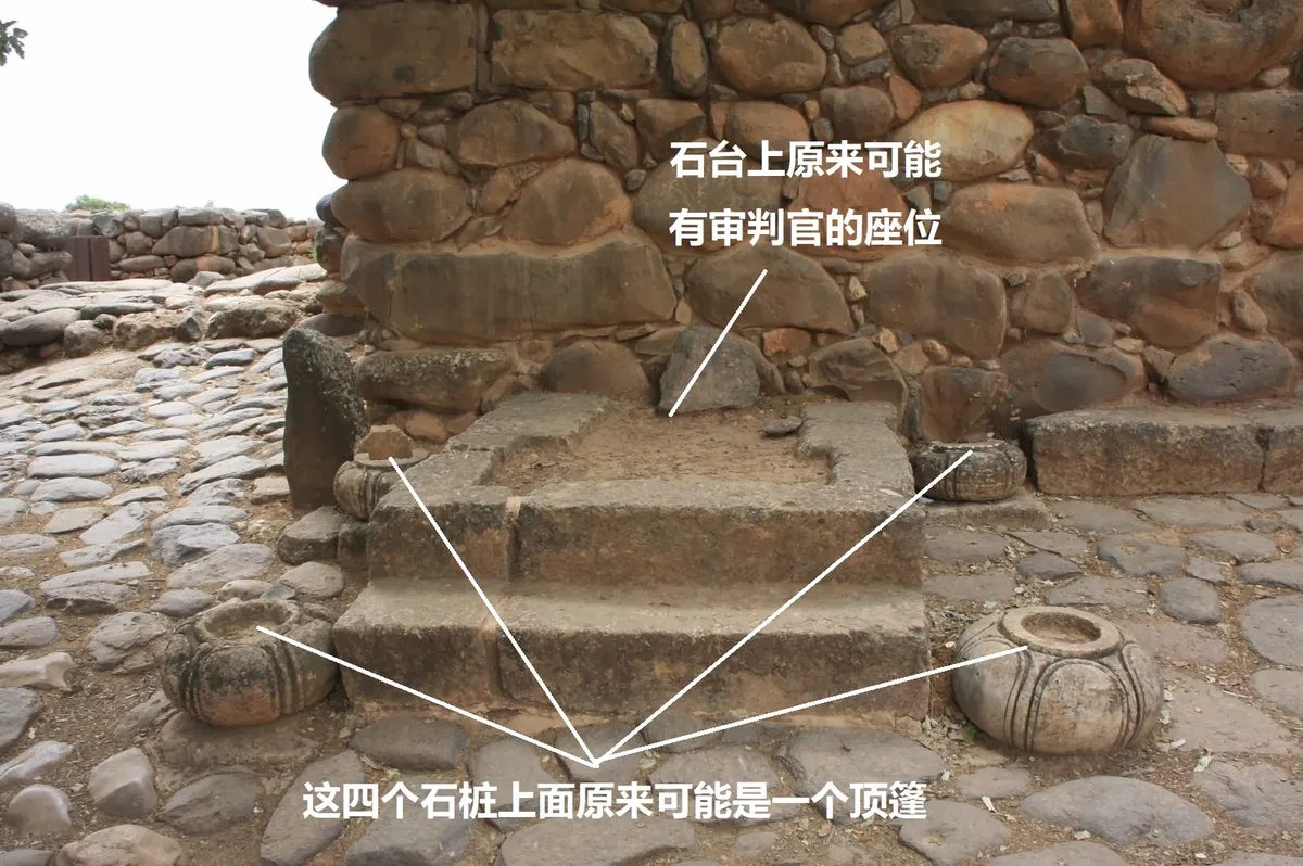 上图：但城遗址（Tel Dan）城门口的座位，用于礼仪、诉讼。石台上原来可能有顶篷遮盖，上面可能设有宝座。