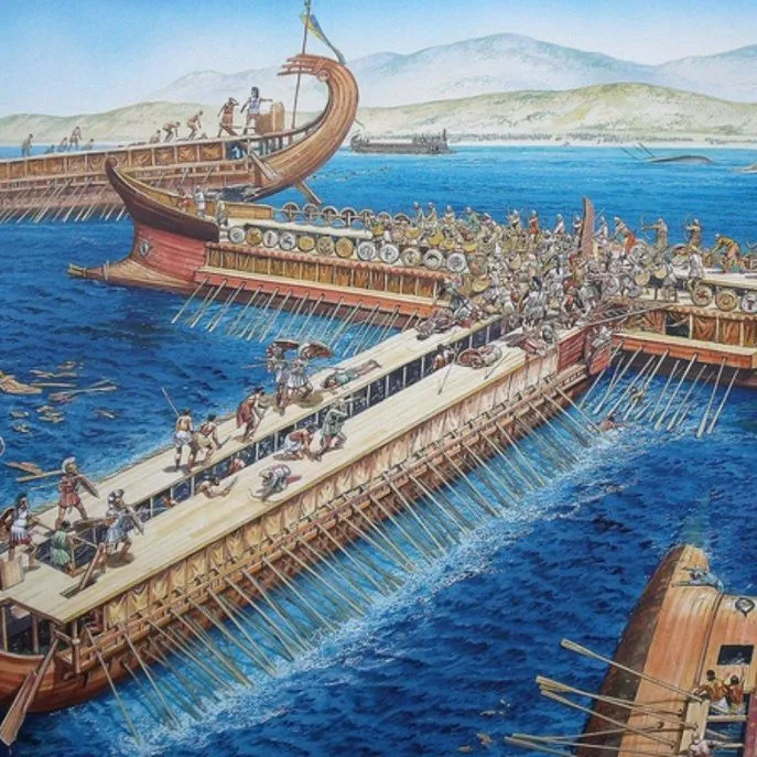 上图:萨拉米斯战役(Battle of Salamis)艺术想象图。主前480年,亚哈随鲁王远征希腊。在温泉关战役中,希腊重装步兵坚守了7天,斯巴达国王及300勇士战死。9月,兵力处于劣势的希腊联军诱使波斯舰队试图封锁狭窄的萨拉米斯海峡。庞大的波斯舰队在海峡内的狭窄水域后难以展开,被早已等待于此的希腊舰队一举击溃,成为第二次希波战争的战略转折点。