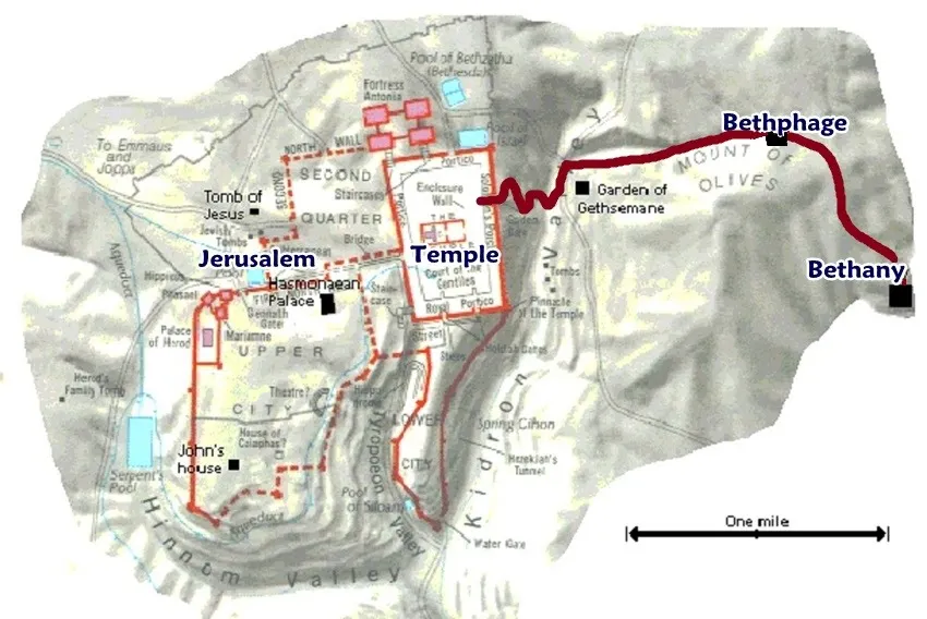 上图：主耶稣骑驴进京的路线，从右向左依次经过伯大尼、伯法其、客西马尼园、圣殿。