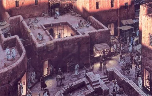 上图：古代以色列城里的房子复原图。