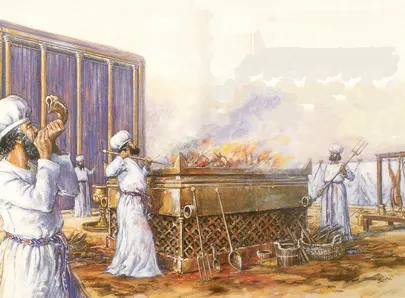 上图:祭司在会幕门口献祭的艺术想象图。亚伦无残疾的后裔才有资格承担祭司的职任,他们「不可从俗沾染自己」。