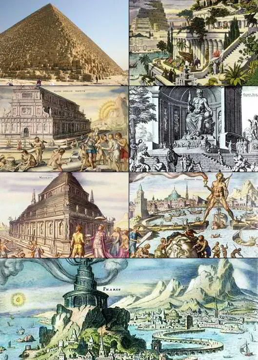 上图:古希腊历史学家希罗多德于主前5世纪列出的古代世界七大奇迹清单,由左至右、由上至下分别为:埃及吉萨胡夫金字塔、巴比伦空中花园、以弗所亚底米神庙、奥林匹亚宙斯神像、波斯摩索拉斯王陵墓、希腊罗得岛太阳神铜像、埃及亚历山大灯塔。这些广为人知的宏伟建筑,实际上都是「霸者的房屋、恶人住过的帐棚」(伯二十一28)。真正的敬畏神的人,并没有什么宏伟的建筑流传至今。