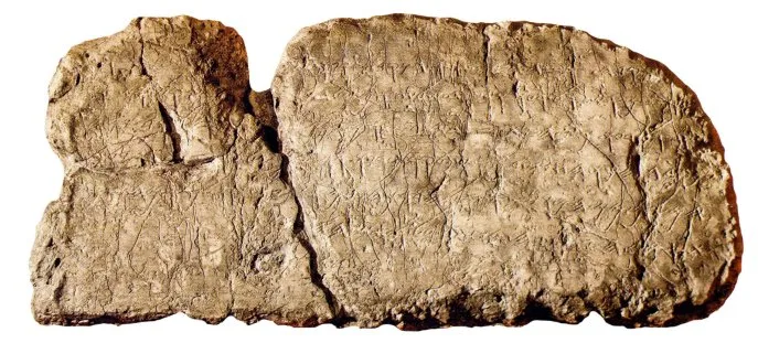 上图：在希西家水道中发现的主前8世纪碑文，上面记录了水道的建设情况，现存于伊斯坦布尔考古博物馆。根据碑文记录，当时工程是从两端同时开凿，在中间合龙。工人可能是倚靠声学探测定位。