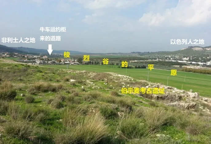 上图：从伯示麦遗址看牛车运约柜来的道路。