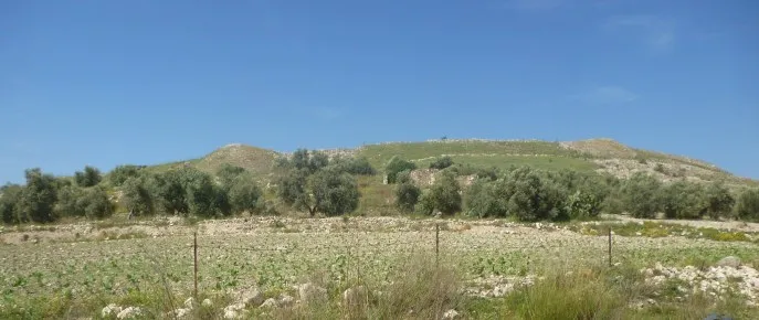 上图：多坍遗址（Tel Dothan）旁边的山丘。「满山有火车火马围绕以利沙」（王下六17）。