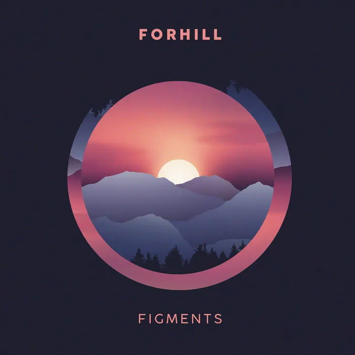 Stylized album cover art depicts a sunset over layered mountains, with a circular frame. The words "Forhill" and "Figments" are above and below.