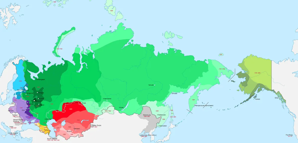 Mapa da expansão colonial russa.