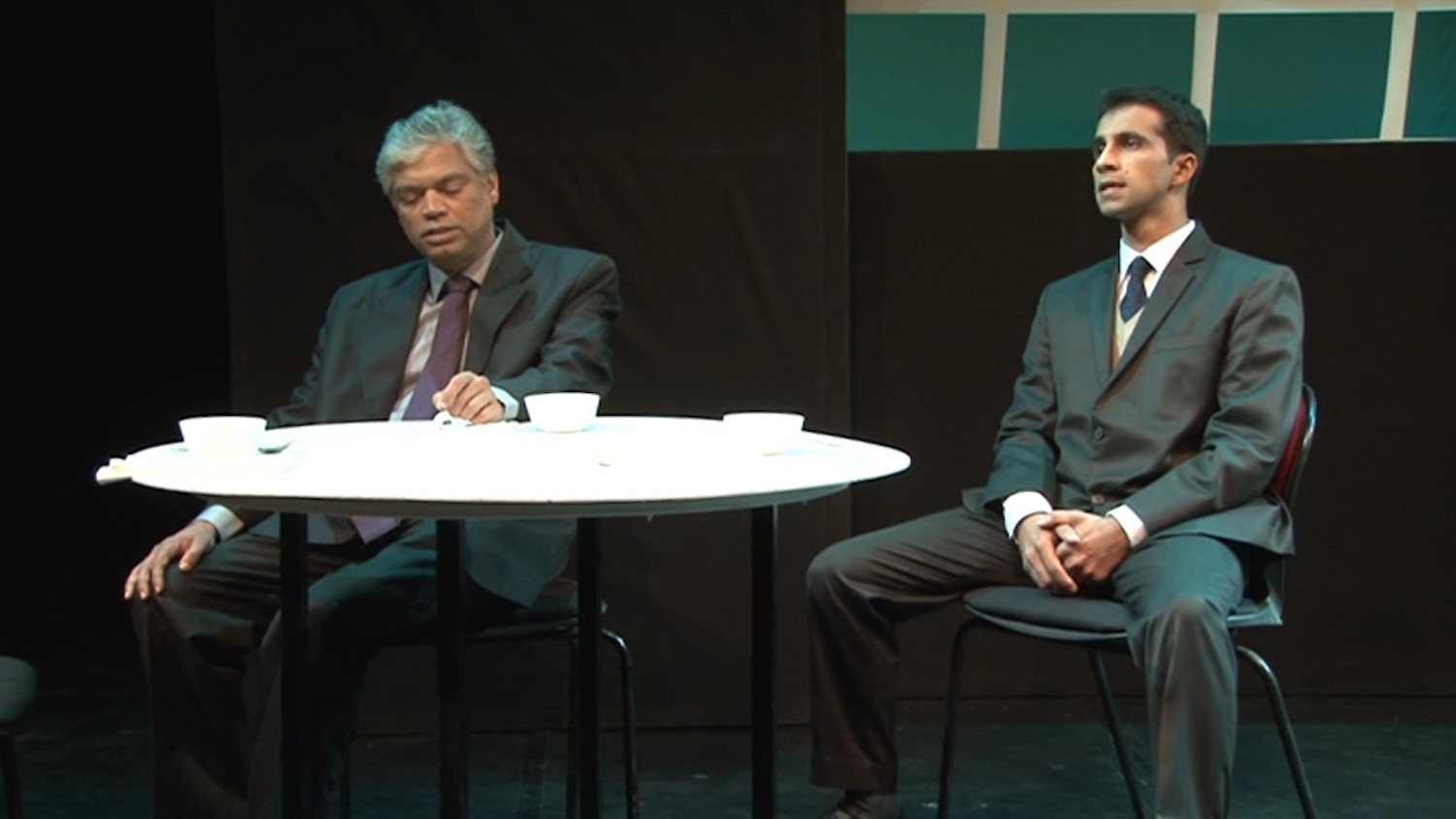Prakash Belawadi and Nakul Bhalla as Niels Bohr and Werner Heisenberg with Siri Ravikumar as Margarethe