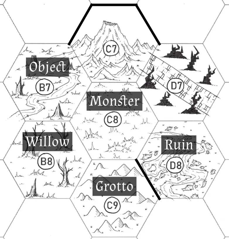 The same map as above, but with three barriers on Hex C7 and one barrier separating C9 and D8. The landmarks are also labeled.