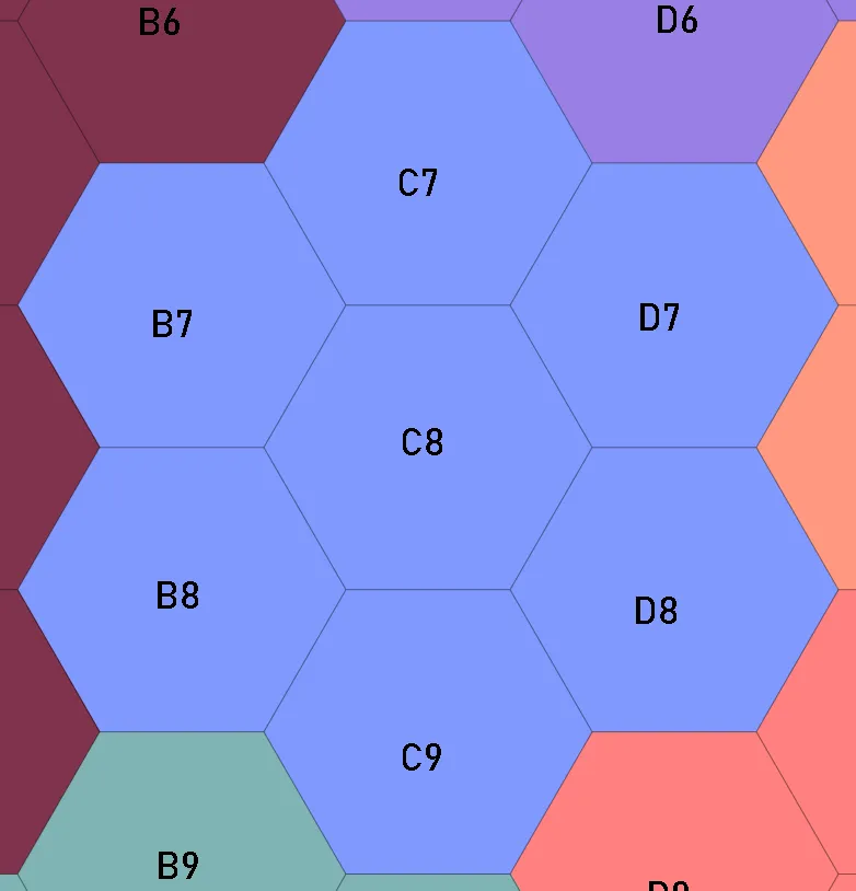 A purple hexflower with 7 hexes labeled B7, B8, C7, C8, C9, D7, and D9.
