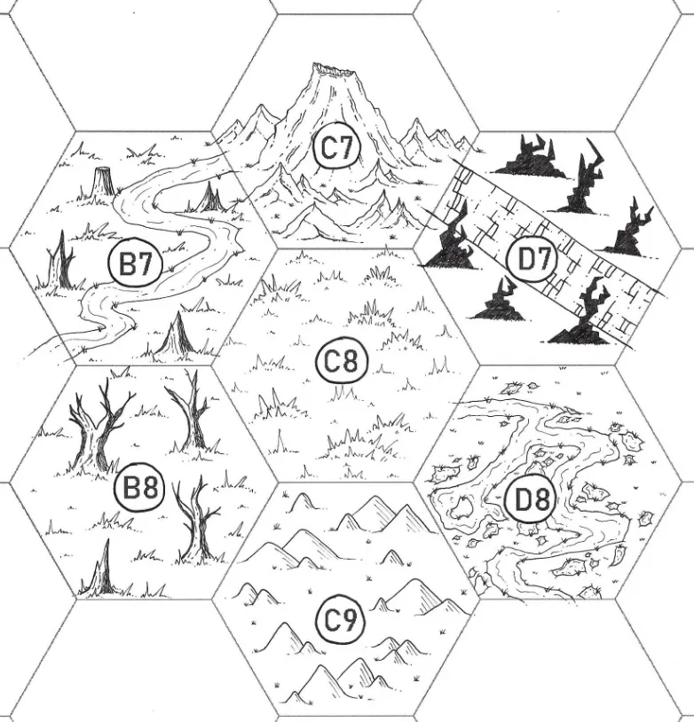 A map of the Devil's Maw with a volcano, several weak river-bogs, lots of scorched stumps, jagged monoliths, and spikey heath-steppes