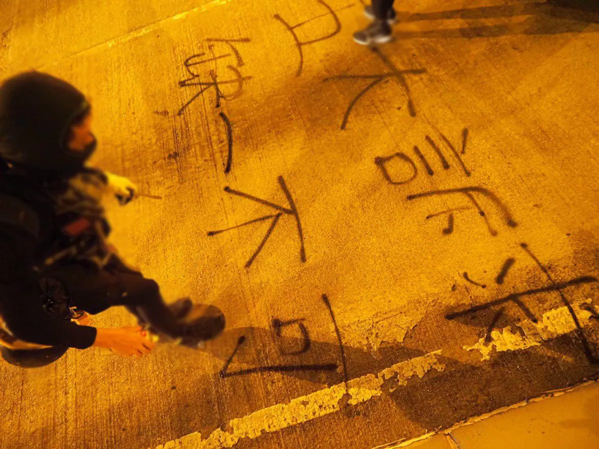 Graffiti on the ground that says 五大訴求 缺一不可. Source: Telegram, Aug 2019 image