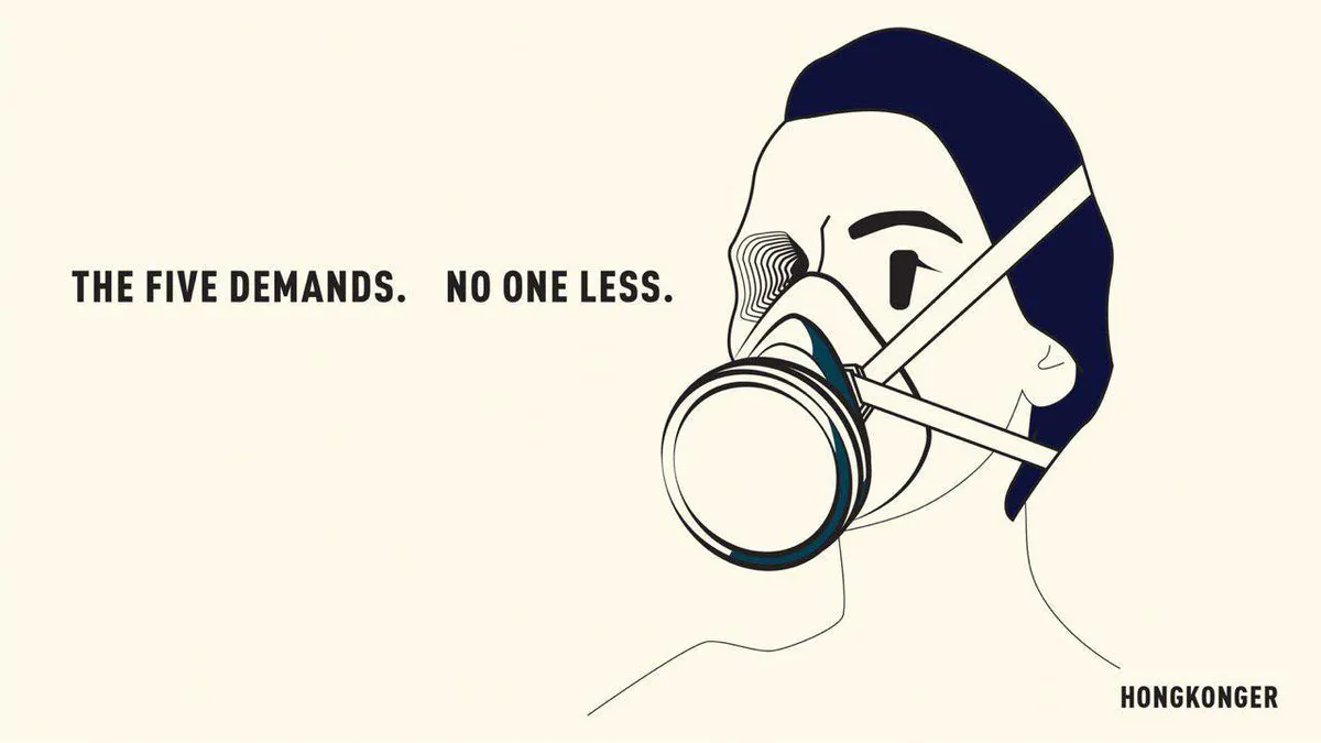 Illustration of a person injured in one eye, wearing a respirator. Next to them are the words 5 demands, not one less. Source: Telegram, Aug 2019 image