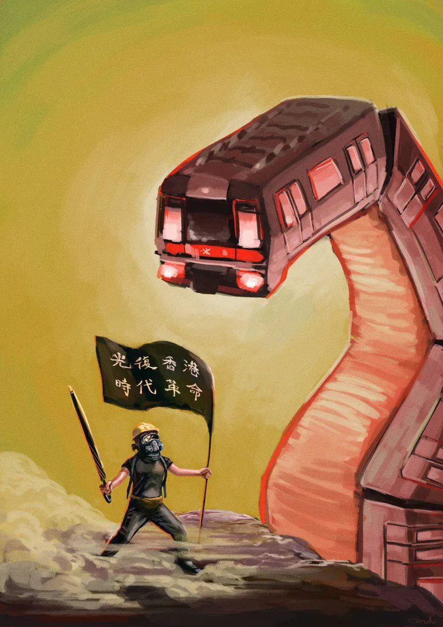 A figure holding up a flag in one hand and an umbrella in the other, fighting off a train. Source: Telegram, Oct 2019 image