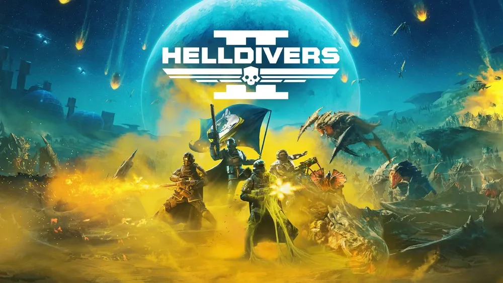 Helldivers 2 Art. It shows a squad of four soldiers in a group in the middle facing outwards with a variety of weapons (a flag, a flamethrower, and a machine gun, for instance). They are shooting at a bunch of alien bugs. The image is primarily blue and yellow. The Helldivers 2 logo is displayed across the top.