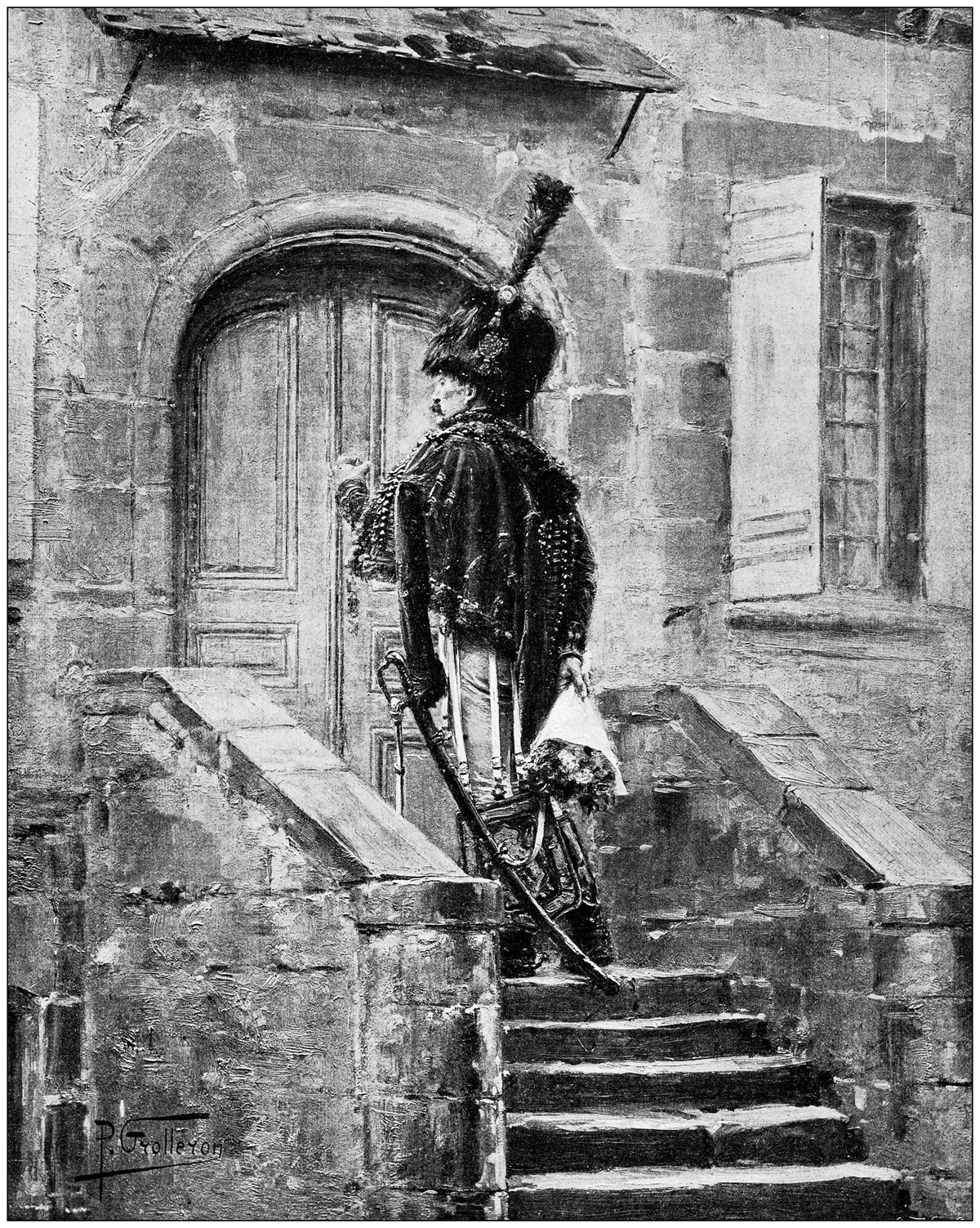 An illustration of a Hussar soldier knocking at a door. Licensed from iStockPhoto.com.