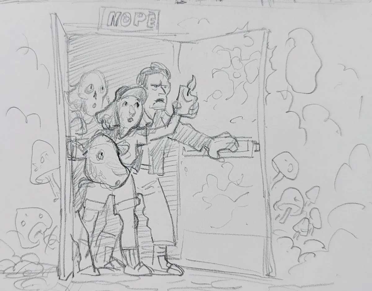 A pencil sketch of our three heroes (plus Clarabell) looking through the fungus coated door