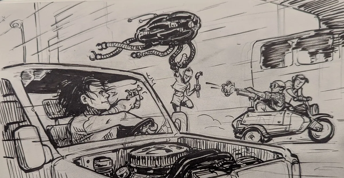 An illustration showing Tilda aiming a gun at the thrall, which is being carried by the EMD. Also shown are Burphold and Stinky on the PeaPod, also shooting at the thrall. Not quite accurate to the story, but whatever.