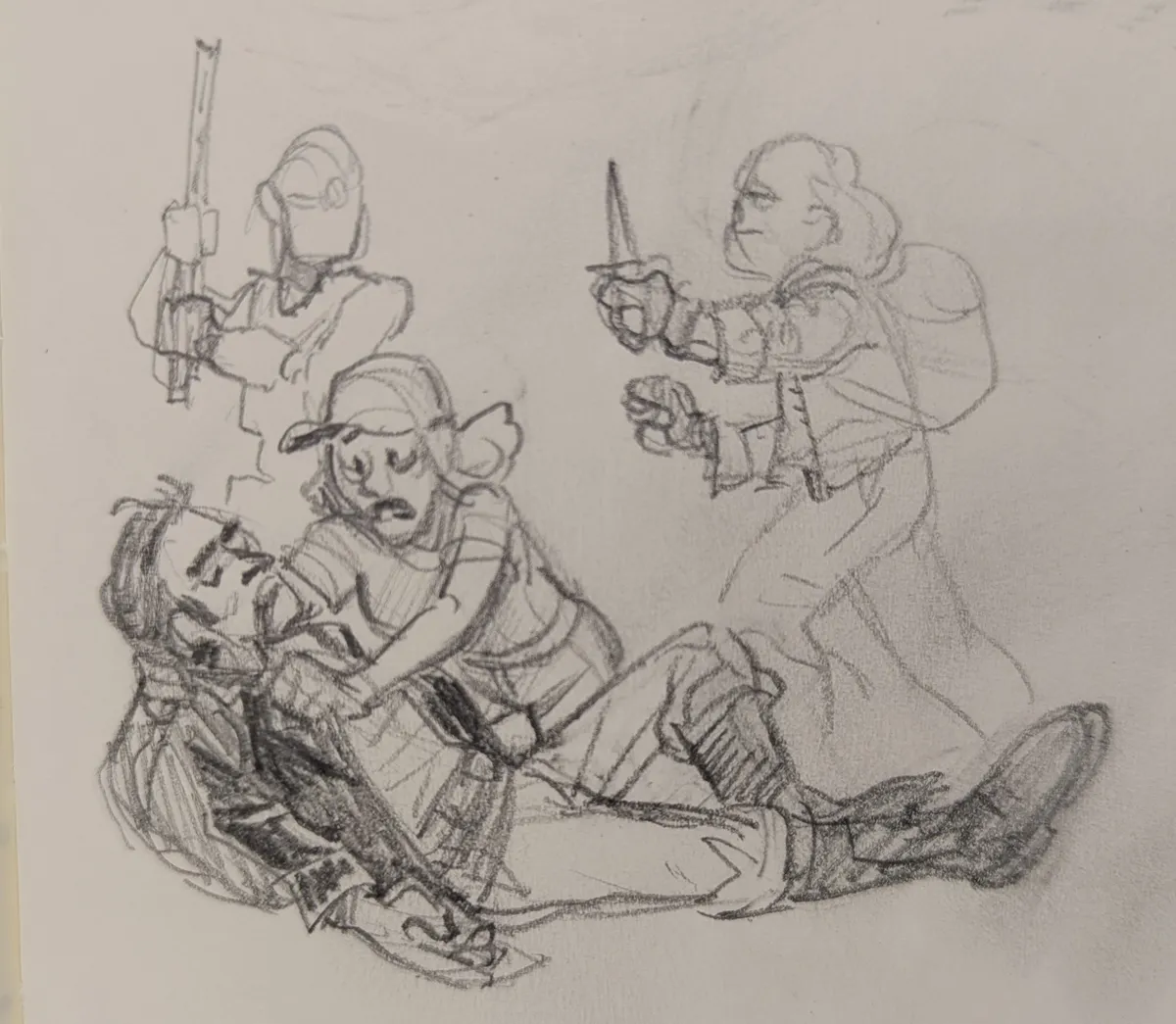 A pencil illustration showing Baby clutching a dying Fly in the foreground while Altivo faces off against an android in the background.