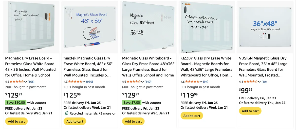 Amazon whiteboard prices, $100 to $130 for a smaller glass whiteboard