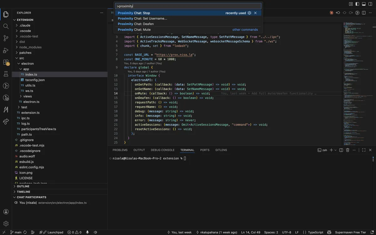 A screenshot of VS Code with a project open. Proximity chat commands to mute, deafen, and set username are displayed at the top. Chat participants are displayed in the bottom left.