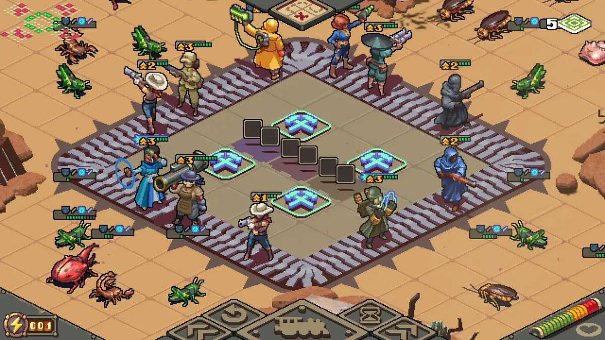 Screenshot from Australia Did It. A bunch of gunslingers stand on a grade, backs to the center, pointing weapons at various big bugs.