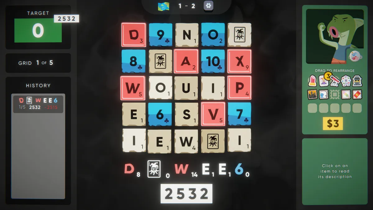 Screenshot from Cursed Words. Word search grid of letters in the middle of the screen. UI includes a lizard/fish-like creature in the top-right corner, seemingly cheering.