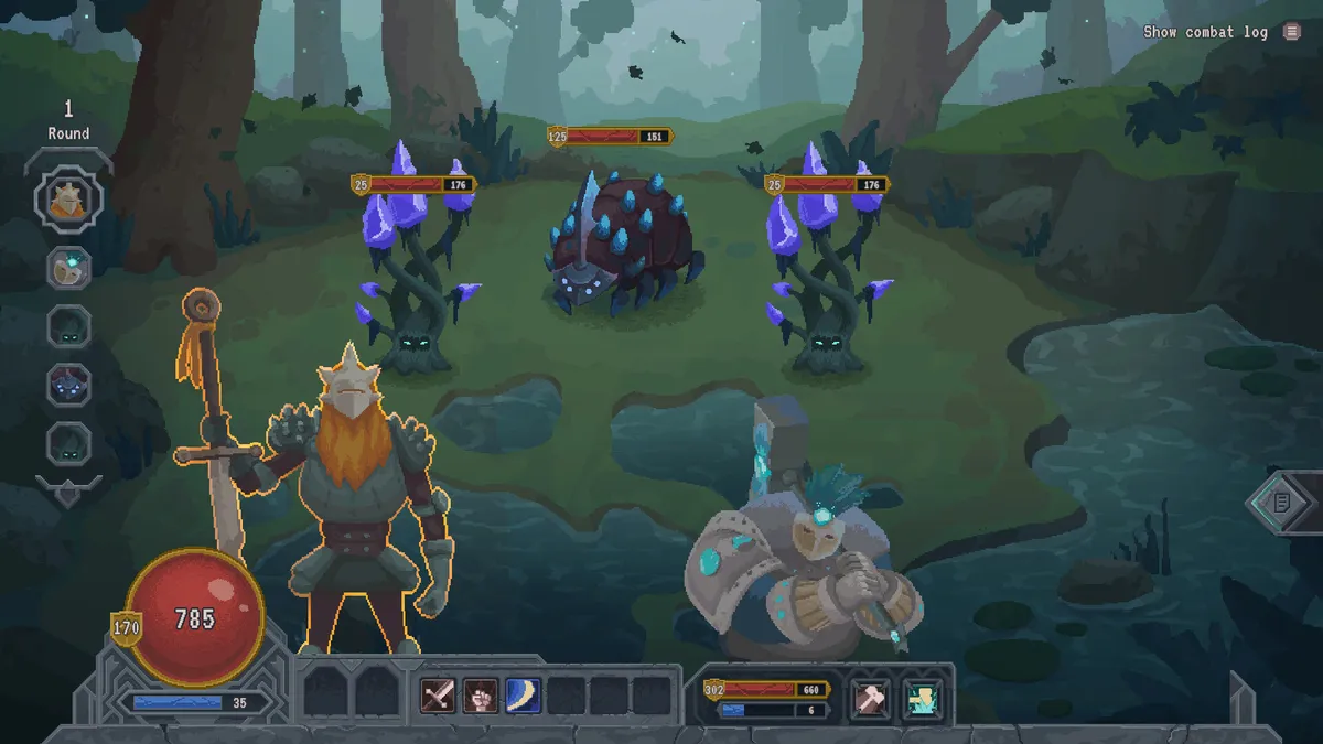 Screenshot from Lootbound. Two armored figures in the foreground, three monsters in the background. Turn-based combat UI, all in a lovely pixel art style.