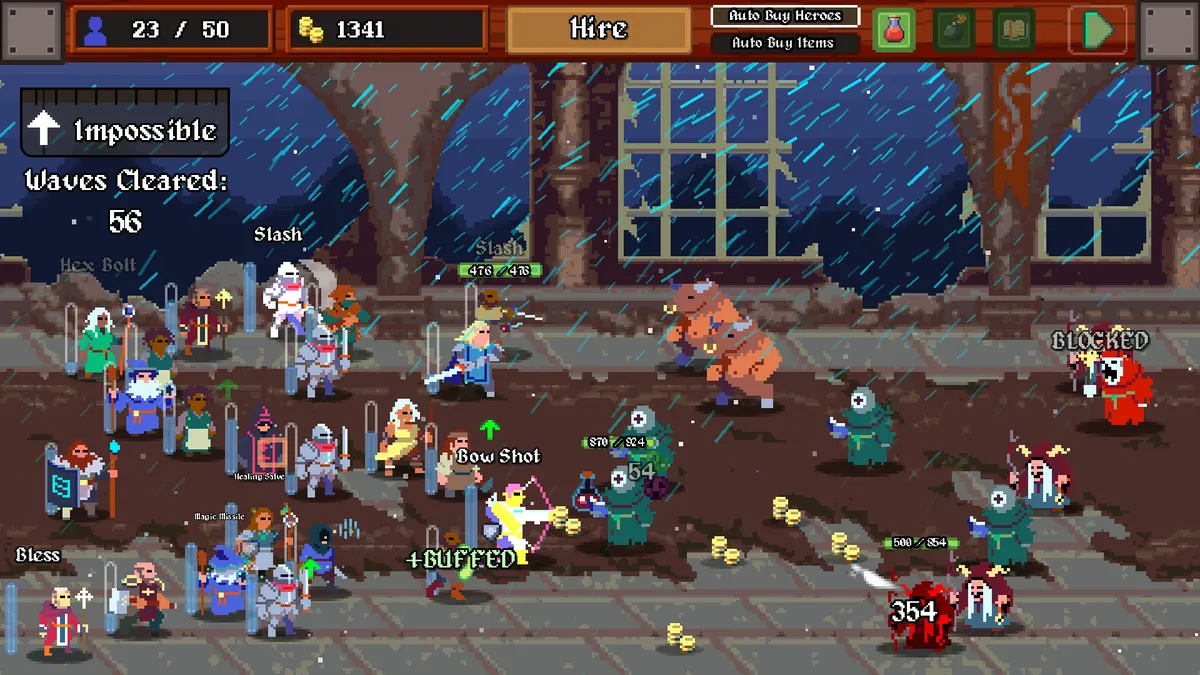 Screenshot from Legionbound. Oodles of pixel art warriors and monsters stand around in the rain.