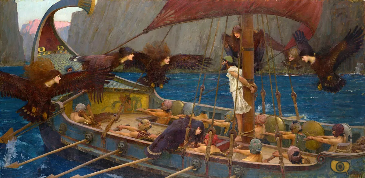 Ulysses and the Sirens, a painting by John William Waterhouse. Odysseus stands tied to the mast of his ship, with many sirens circling him, and his crew eagerly rowing.