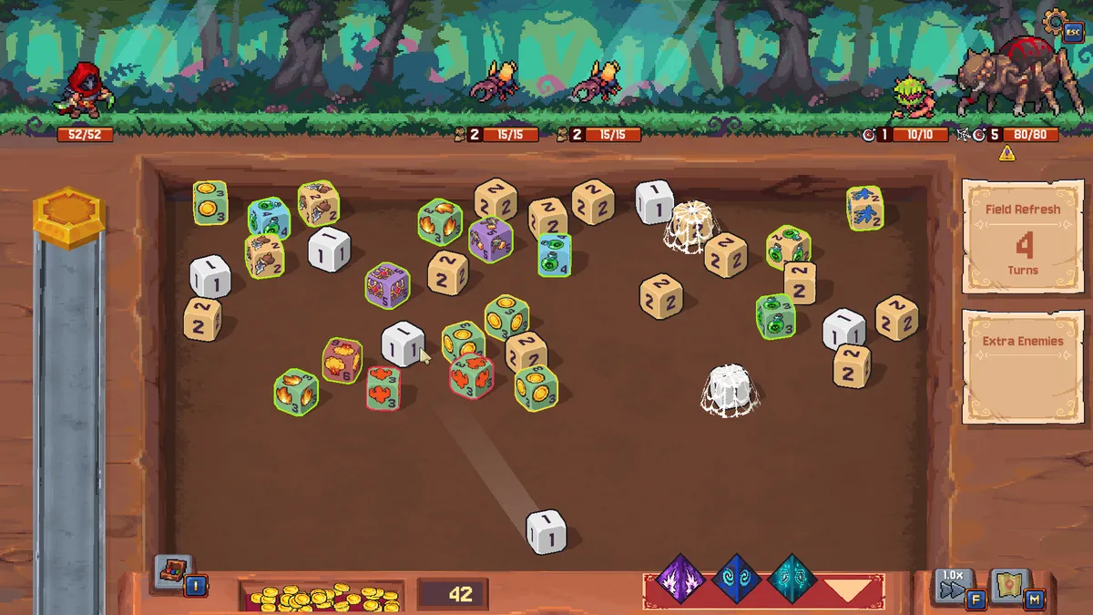 Screenshot from Rune Dice. A bunch of dice lie scattered, with a die preparing to be thrown at them. At the top of the screen, there's a pixel art rogue and some monsters.
