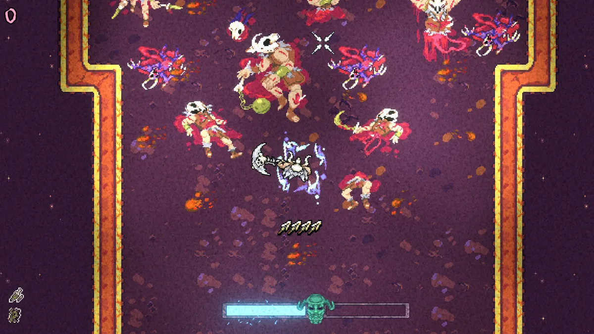 Screenshot from Slaughter Void. A top-down view, in the vein of Hotline Miami, of a gnarly warrior in a place riddled with bodies. Lots of red, orange, and yellow coloring.