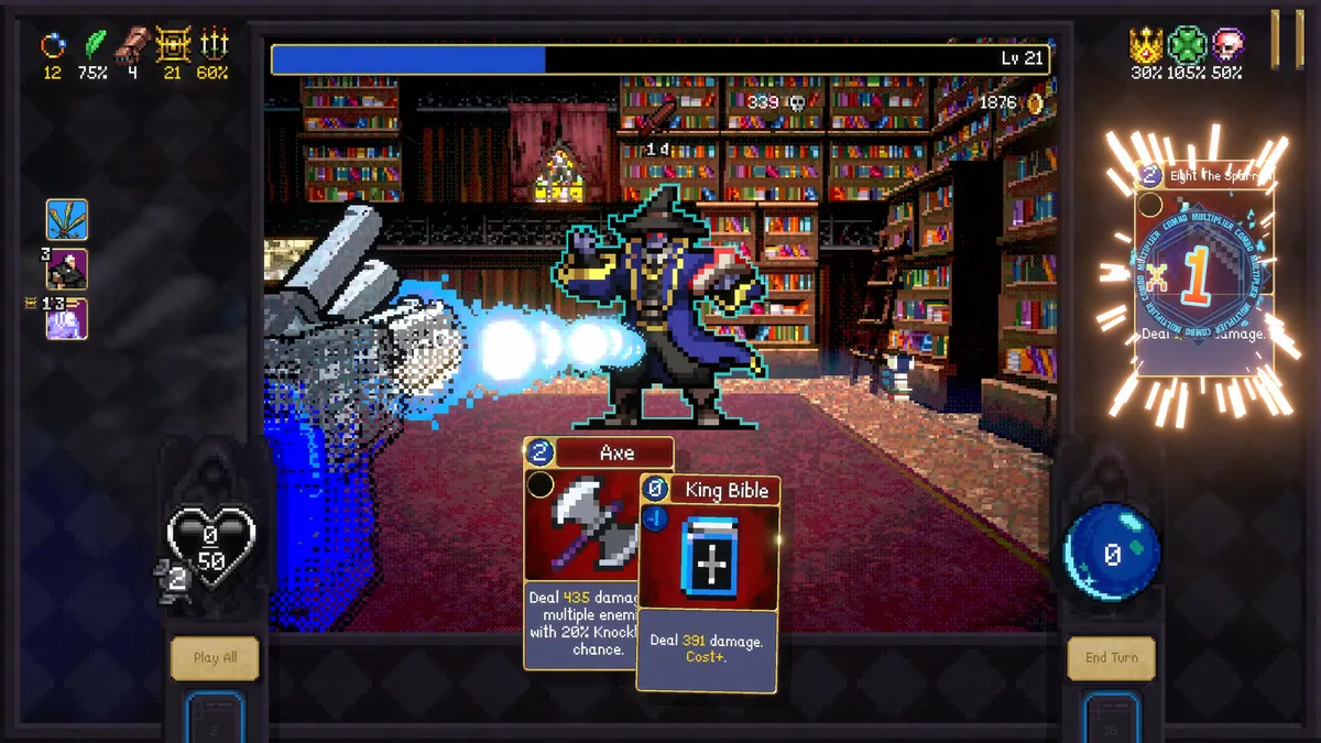 Screenshot from Vampire Crawlers. First-person dungeon crawler perspective. A gun shoots balls of white light at a wizard. There are cards and lots of numbers in the UI.