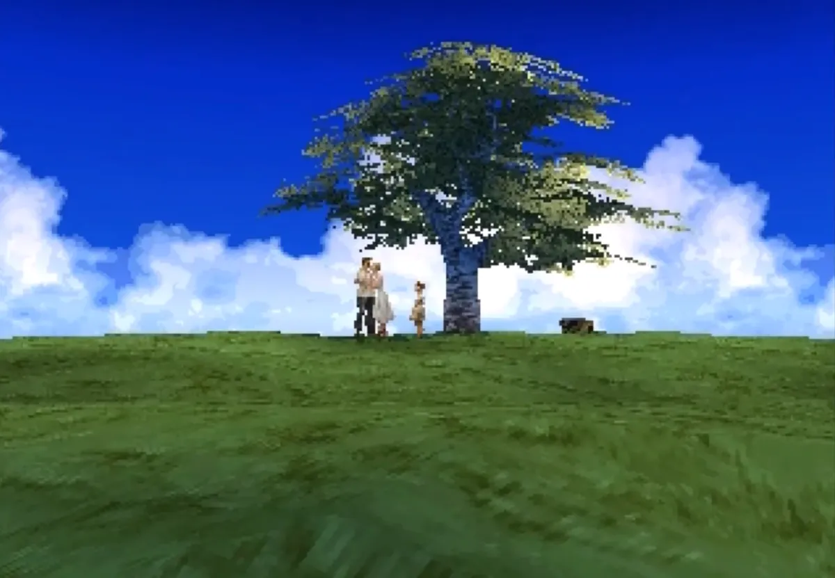 Screenshot from Vagrant Story. A man and a woman hold one another, standing next to a tree. Between them and the tree stands a child. They're all standing on a grassy hill, the blue sky cloudy behind them.