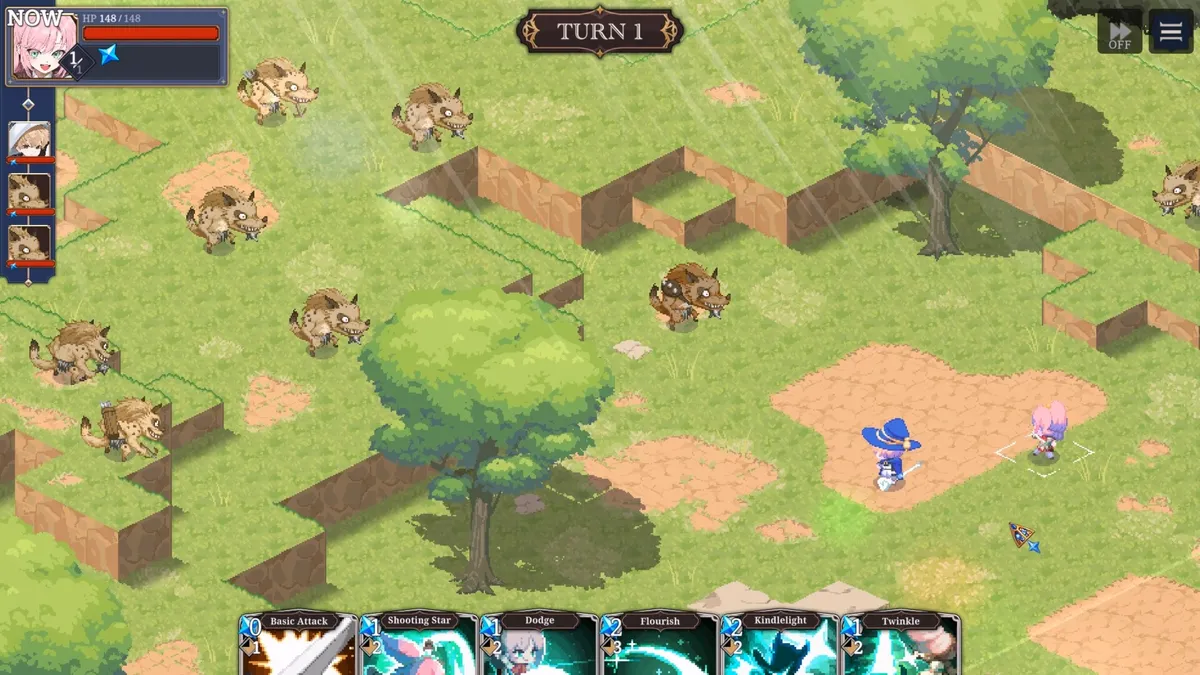 Screenshot from STARDUST: Wish of Witch. A chibi witch and a chibi warrior face off against some gnolls.