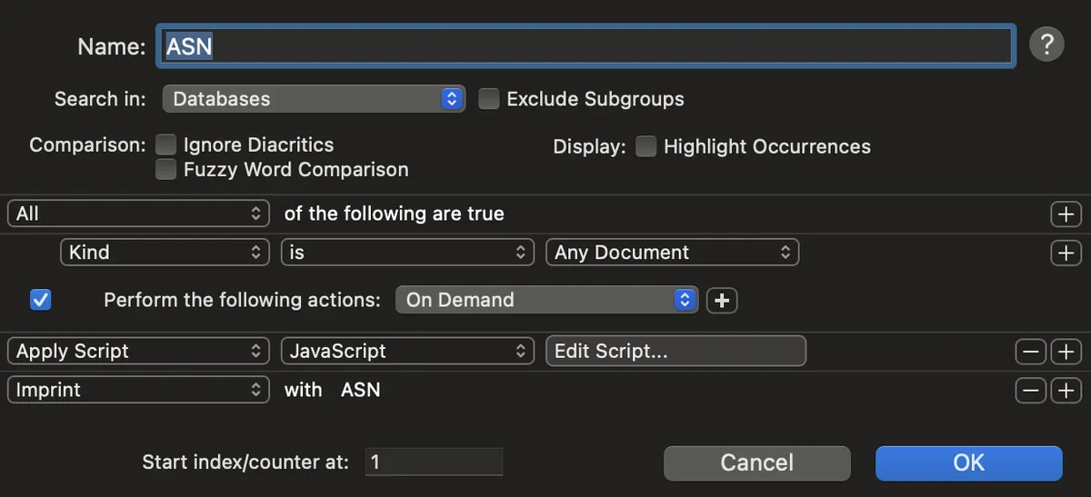 Smart rule with JXA execution and imprinter