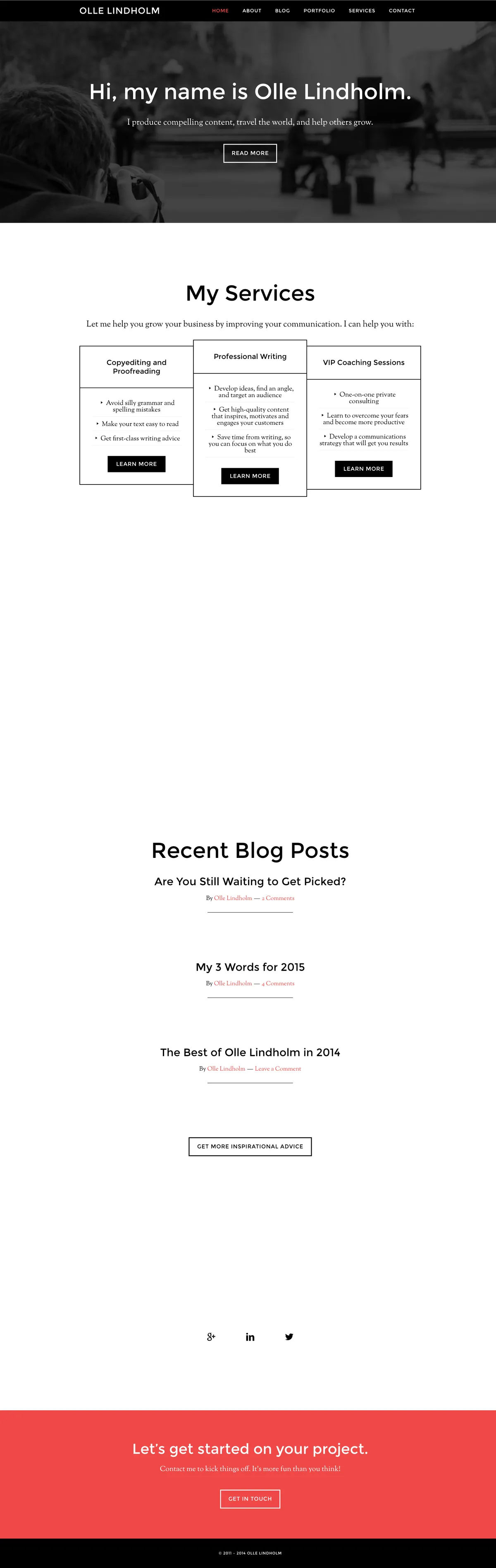 web Screenshot of ollelindholm.com in 2015 using the Parallax Pro theme, displaying full-width photographic bands, uppercase Montserrat headings, and Sorts Mill Goudy serif text.