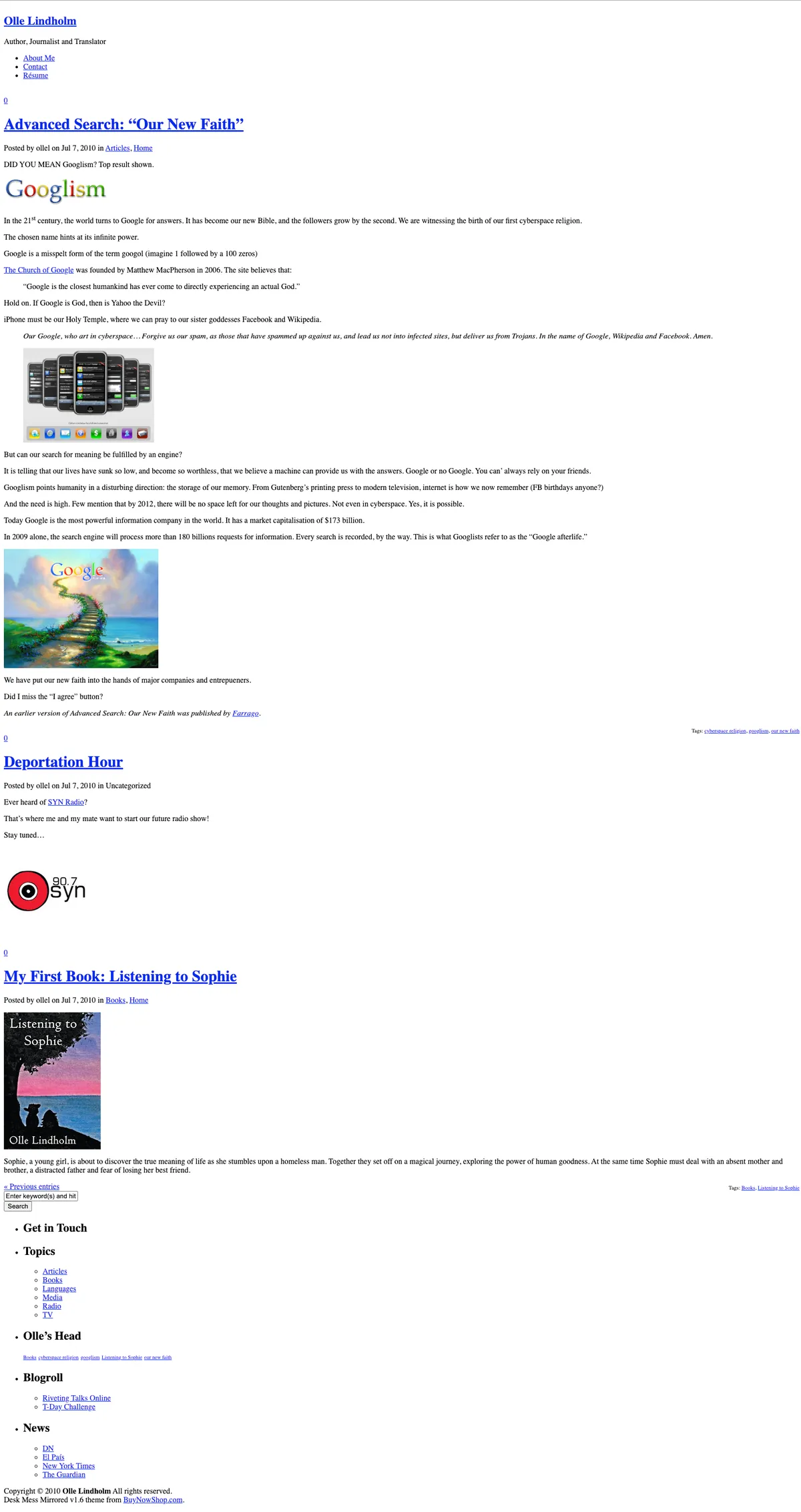 A screenshot of ollelindholm.com on 7 July 2010