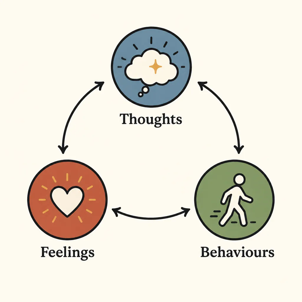 The CBT cognitive triangle: thoughts, feelings, and behaviours, each influencing the others