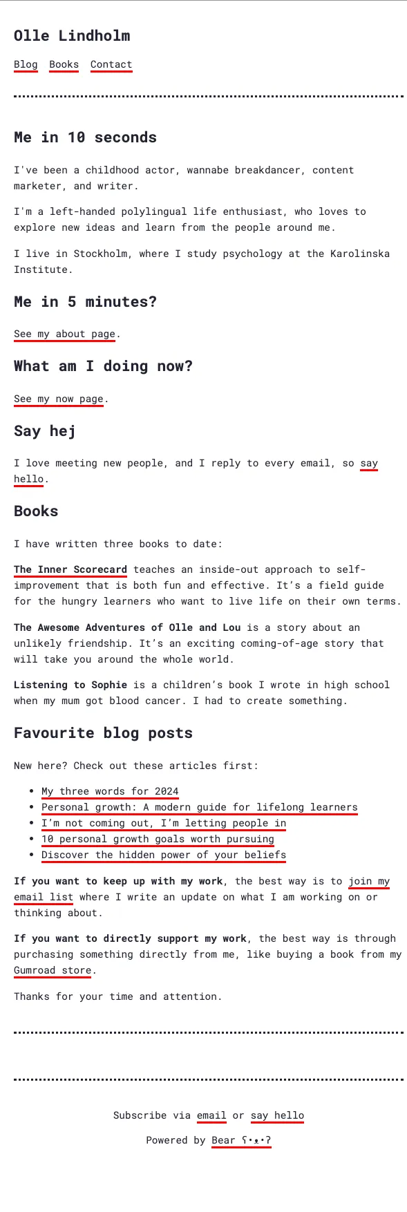 Screenshot of ollelindholm.com in 2024 on Bear Blog, featuring a minimalist single-column layout, Roboto Mono typography, and a clean white background