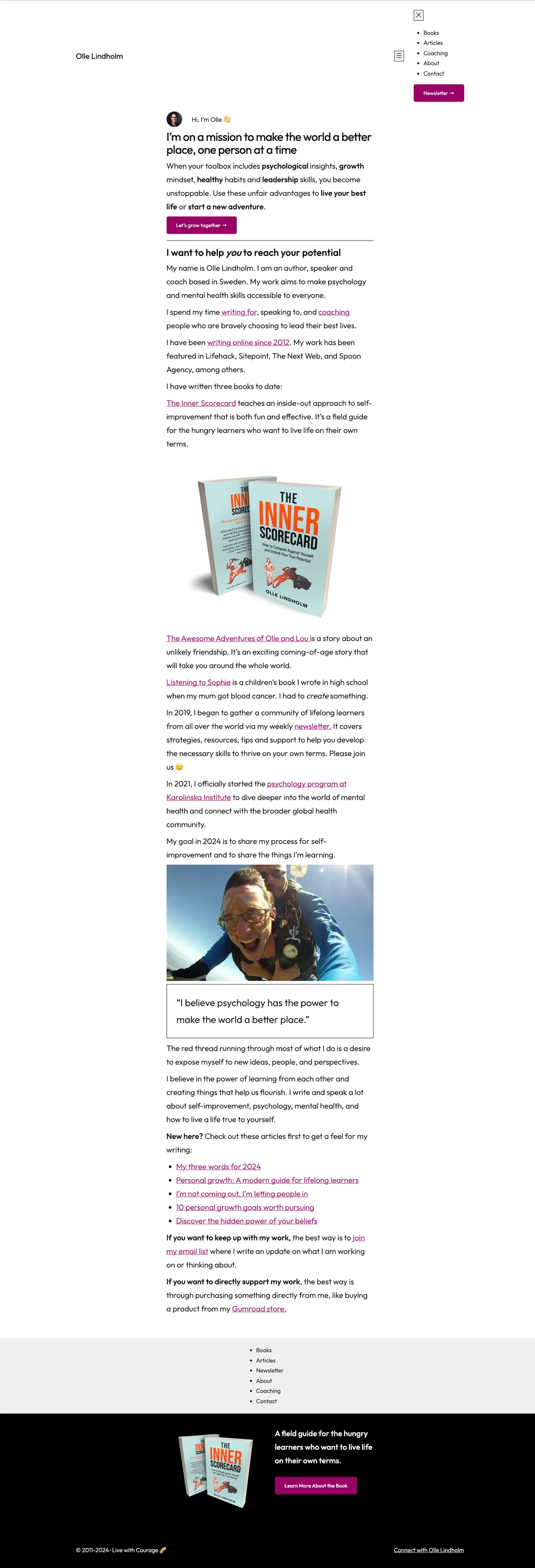 Screenshot of ollelindholm.com using the Frost WP block theme, showcasing pastel tinted background sections, modern geometric headings in Figtree, and clean body text in Inter.