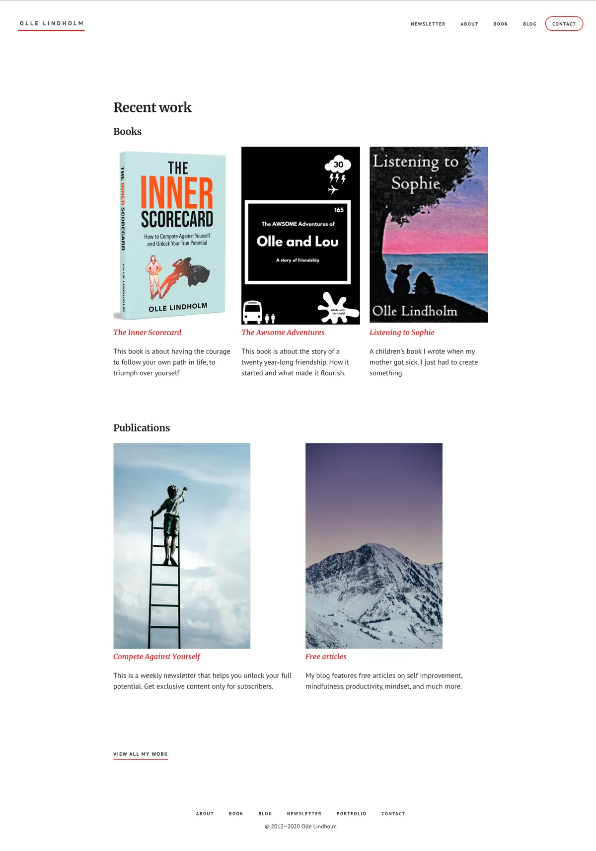 Screenshot of ollelindholm.com in 2020 featuring the StudioPress Academy Pro theme, with navy blue headers, PT Sans navigation, and Merriweather serif longform text