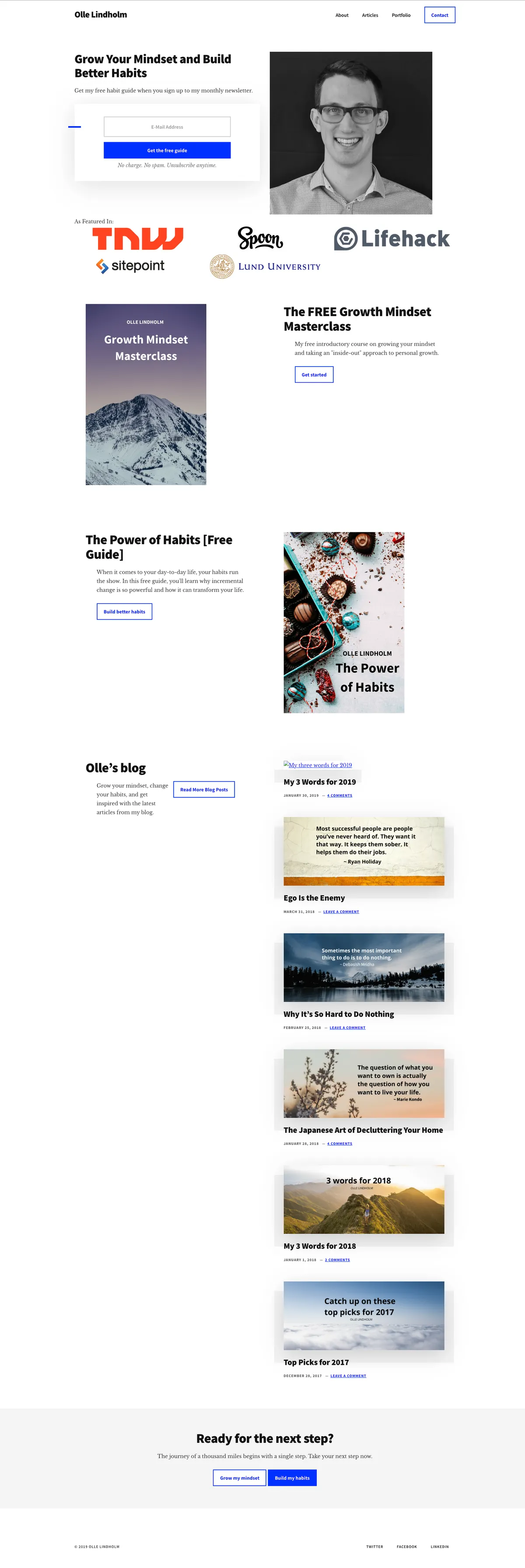 Screenshot of ollelindholm.com in 2018 using the StudioPress Authority Pro theme, featuring an editorial magazine layout, bold Source Sans Pro headings, and Libre Baskerville serif body text.