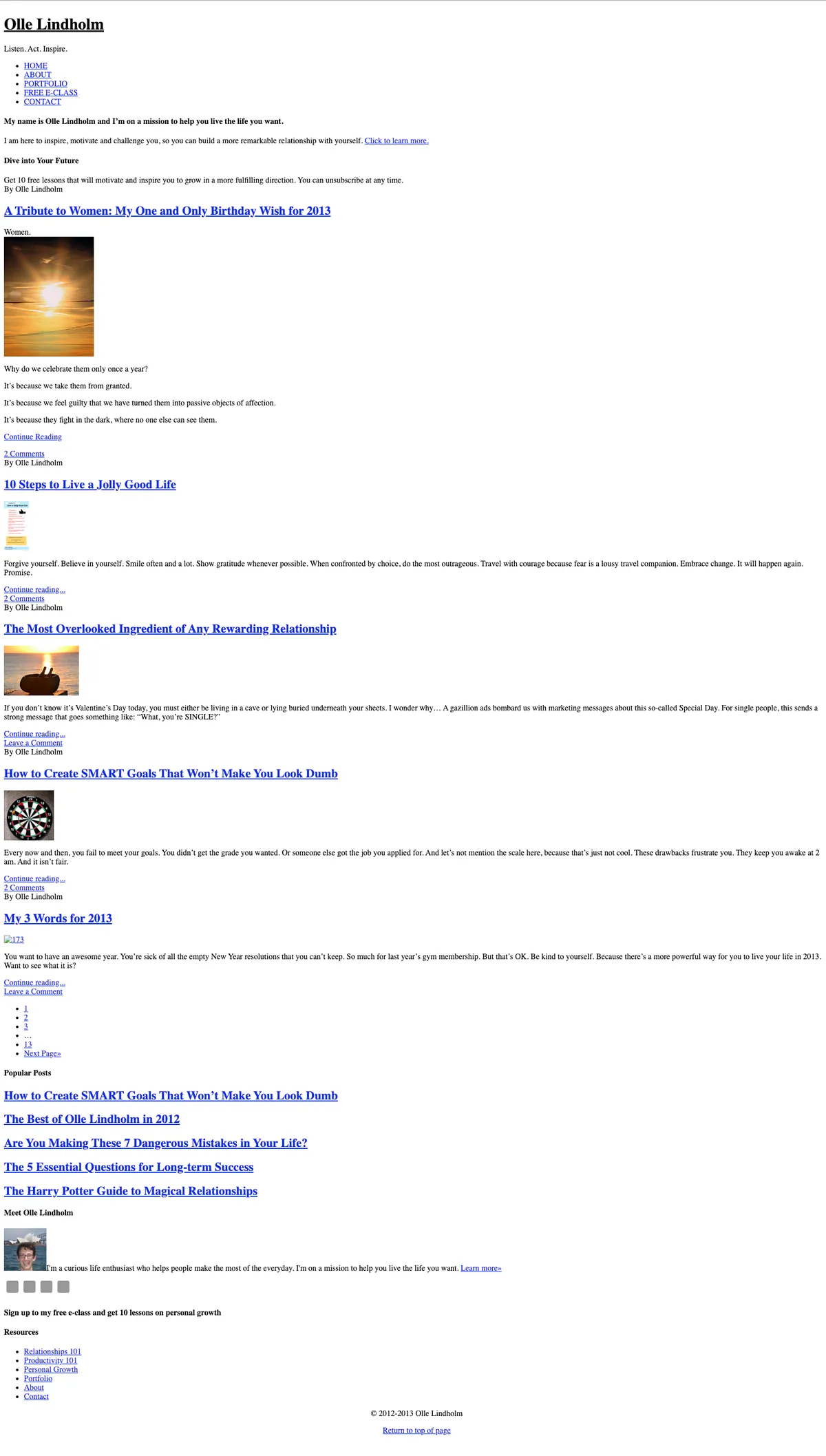 Screenshot of ollelindholm.com in 2012 using the StudioPress Prose theme, with generous white margins, centered header, and the tagline