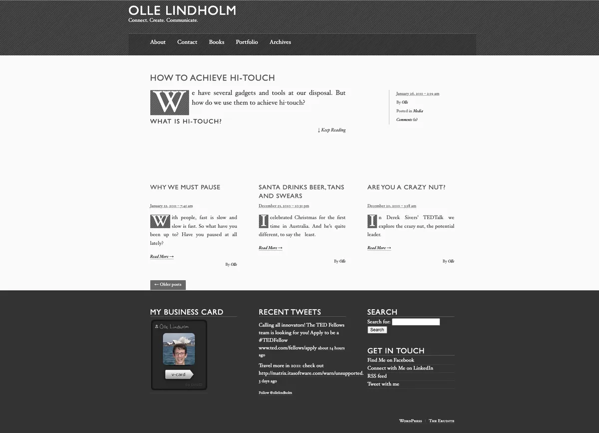 Screenshot of ollelindholm.com in July 2010 using The Erudite WordPress theme, showing a dark charcoal header, sepia accents, classic serif typography, and the site's first published posts.