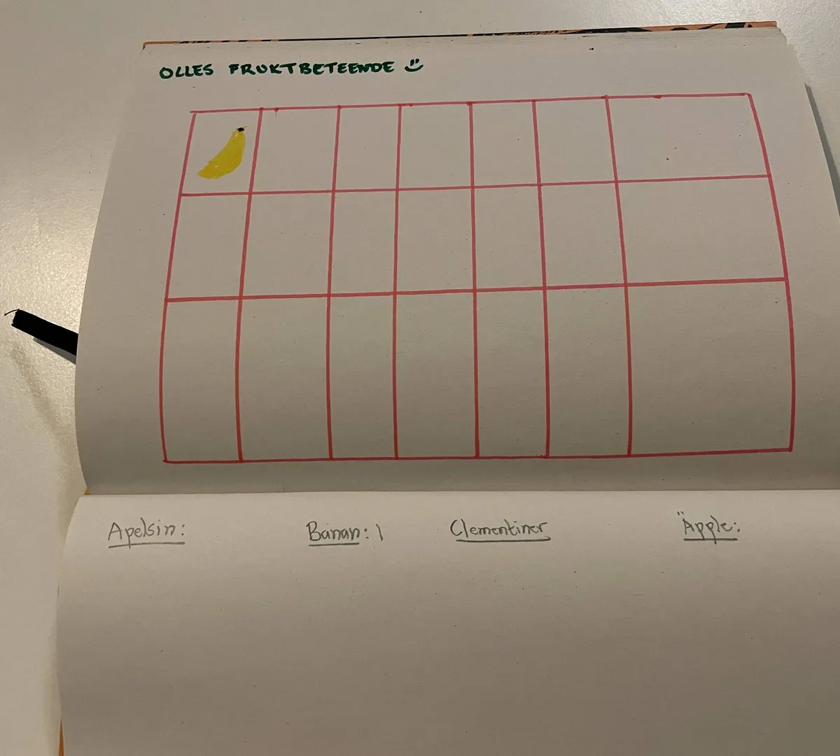  A simple journal layout showing the baseline fruit tracking log
