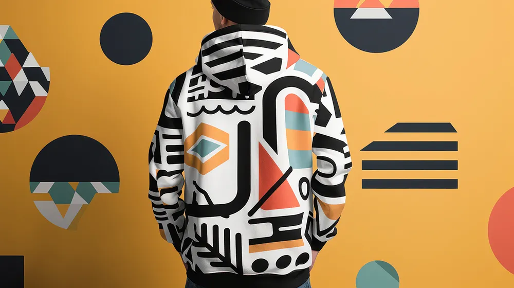 Creative individual wearing a colorful patterned hoodie against a vibrant geometric mural backdrop
